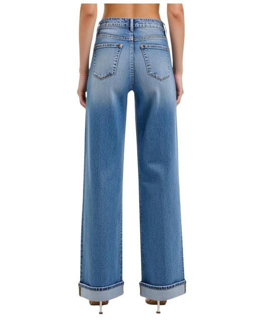 Modenaire Blue Wide-leg Button-fly Cuffed Patch Pocket Jeans