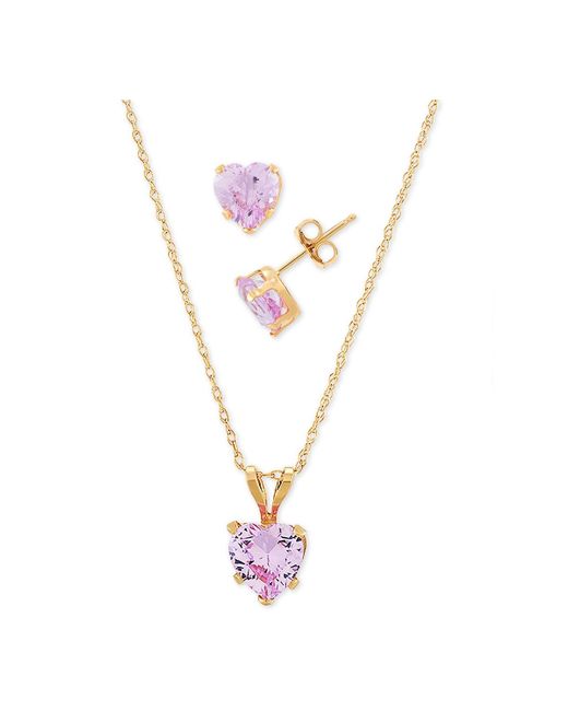 Macy's Pink 2-pc. Set Lab-created Sapphire Heart Pendant Necklace & Matching Stud Earrings (3-1/6 Ct. T.w.