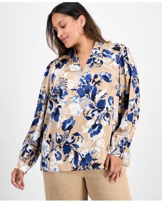 Kasper Blue Plus Size Pleated V-neck Floral Print Blouse