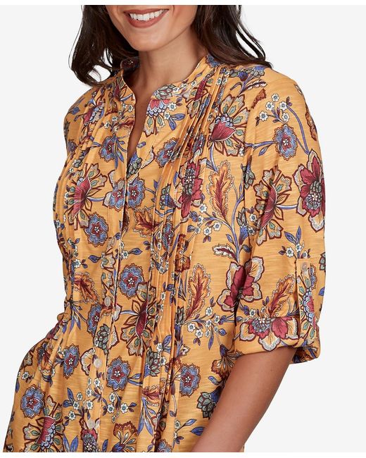 Ruby Rd Orange Petite Vines Henley 3/4-sleeve Button-front Top