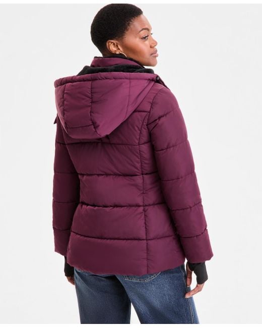 Steve Madden Purple Faux-fur-trim Hooded Puffer Coat