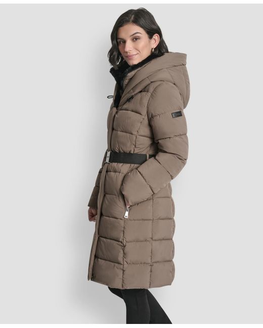 DKNY Brown Belted Asymmetrical Zip Front Puffer Coat