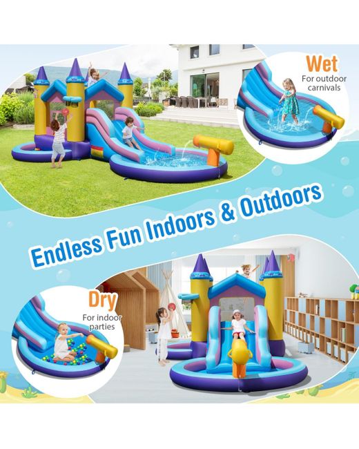 Gymax Blue Kids Inflatable Water Slide W/ Slide Splash Pool Water Cannon W/ 680w Blower