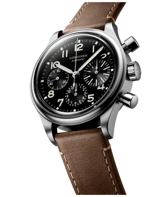 Longines Gray Swiss Automatic Chronograph Avigation Bigeye Brown Leather Strap Watch 41mm for men