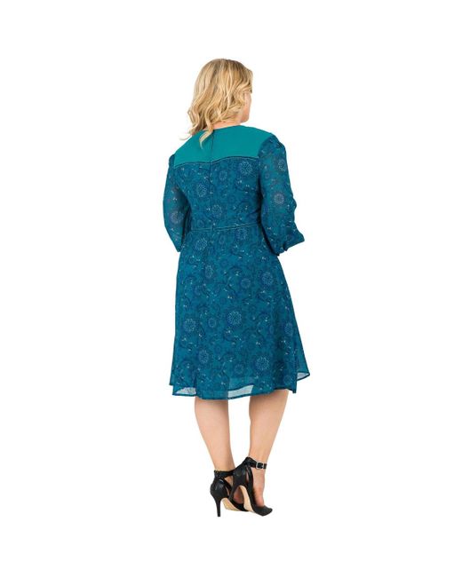 Standards & Practices Blue Plus Size Knee-length Puff Sleeve Chiffon Dress