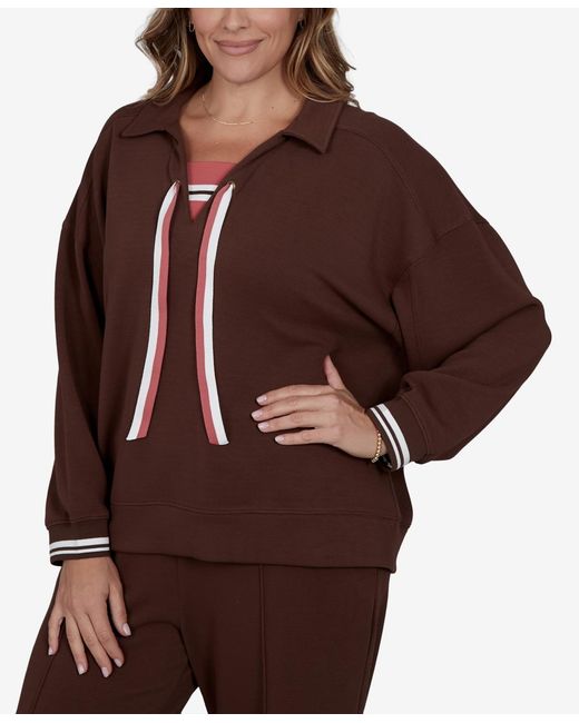 Ruby Rd Brown Plus Size Stripe Trim Drawstring Pullover Top