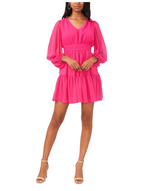 Msk Pink Petite Chiffon Balloon-sleeve Fit & Flare Dress