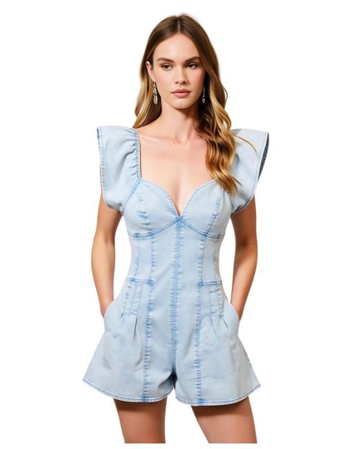 Modenaire Blue Structured Zip-front Flutter Sleeve Pleated Romper
