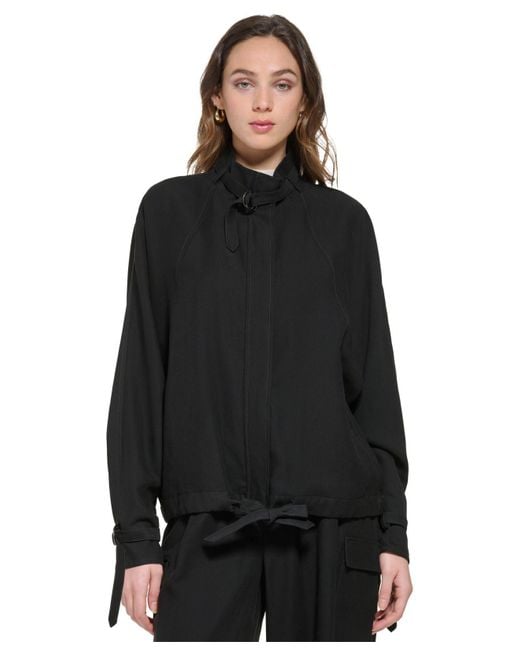 DKNY Stand Collar Zipfront Long Sleeve Jacket in Black Lyst