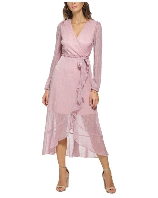 Kensie Pink Ruffled Faux-wrap Dress