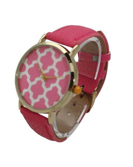 Olivia Pratt Red Geometric Pattern Leather Strap Watch