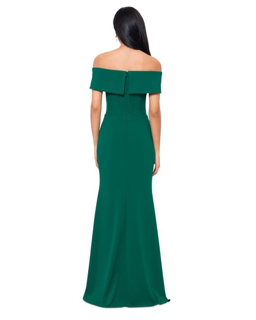 Betsy & Adam Green Off-the-shoulder Front-slit Gown