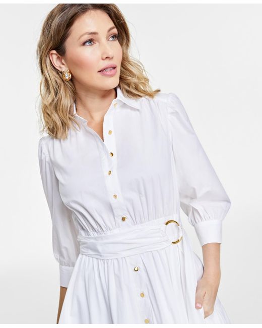 INC International Concepts White Belted Cotton Shirt Dress