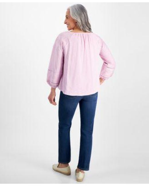 Style & Co. Blue Style Co Petite Eyelet Embroidered Top High Rise Natural Straight Leg Jeans Created For Macys