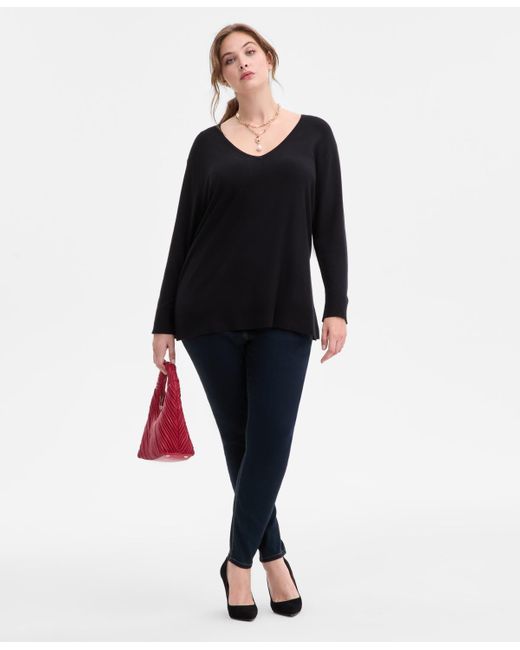 INC International Concepts Black Plus Size V-neck Long-sleeve Tunic