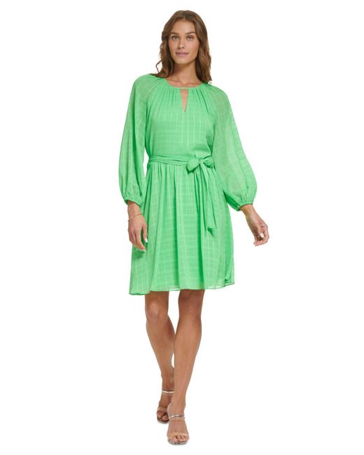 DKNY Keyhole-neck Balloon-sleeve Belted Dress in Green | Lyst