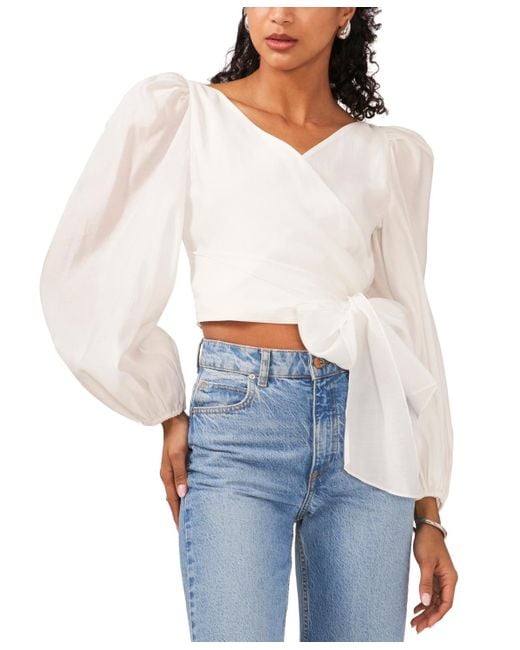 1.STATE White Long Sleeve Tie Waist Wrap Top