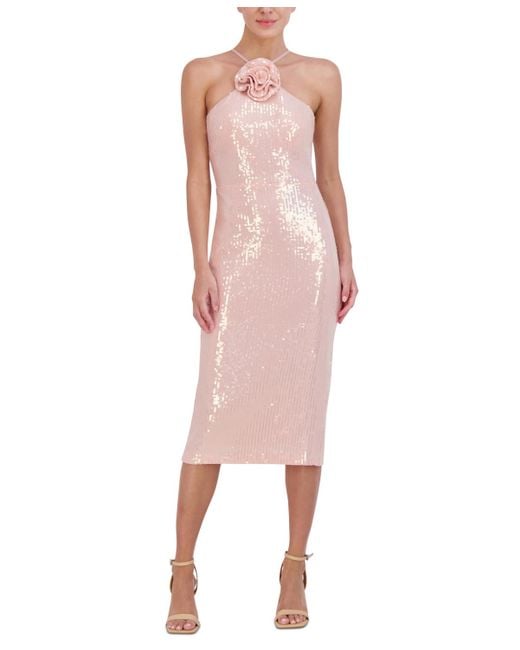 Eliza J Pink Sequined Rosette Halter Dress