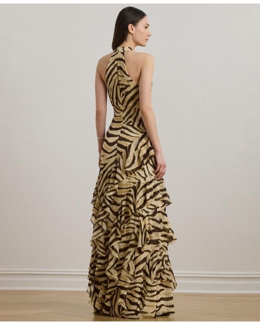 Ralph Lauren Natural Zebra-print Ruffle-trim Georgette Gown
