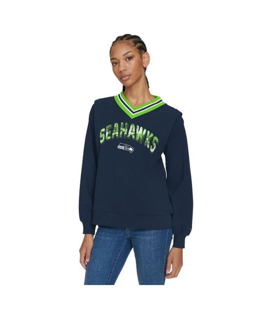 Tommy Hilfiger Blue Navy Seattle Seahawks Alice V-neck Pullover Sweatshirt