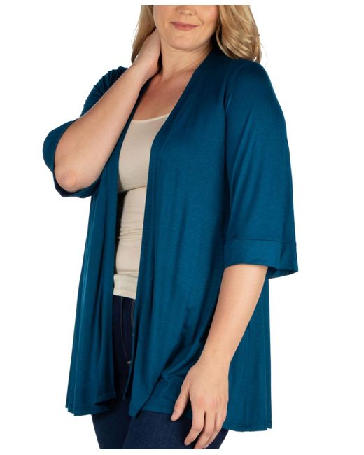 24seven Comfort Apparel Blue Plus Size Elbow Length Open Front Cardigan Sweater