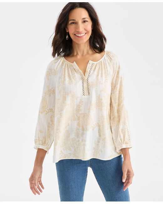Style & Co. White Printed Split Neck Peasant Top