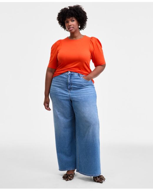 On 34th Orange Trendy Plus Ruched Puff-sleeve Crewneck Top