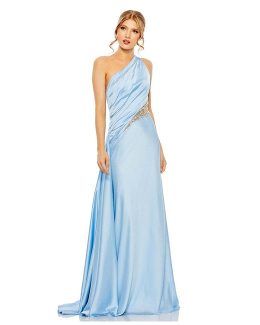 Mac Duggal Blue One Shoulder Embellished Satin Gown