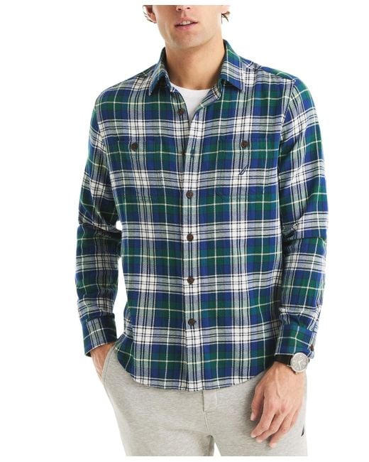 Nautica Blue Straight Collar Plaid Shirt for men