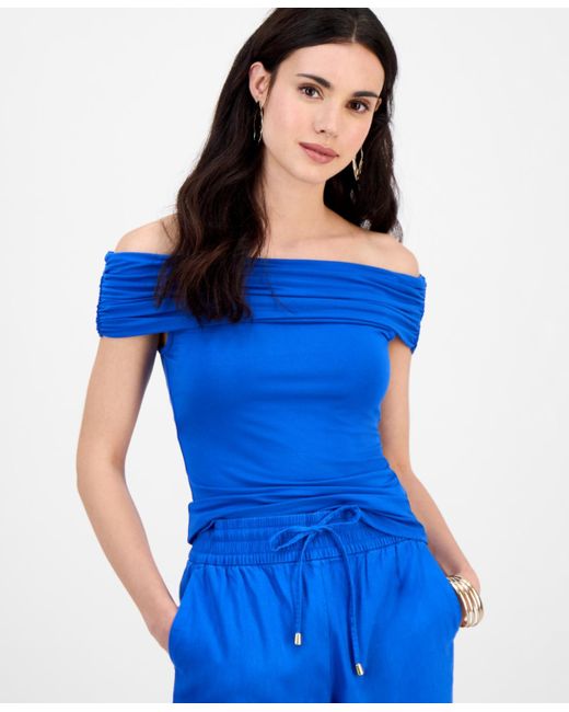 INC International Concepts Blue Petite Off-the-shoulder Top