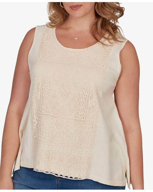 Ruby Rd Natural Plus Size Crochet Front Sweater Tank
