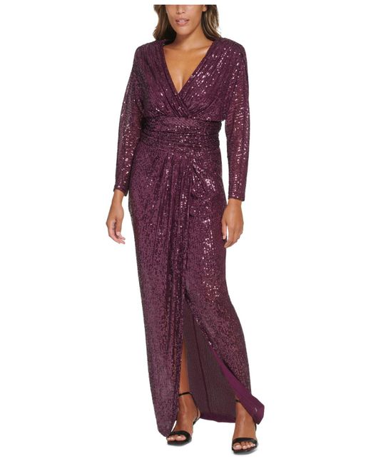 Calvin Klein Sequined Banded-waist Evening Gown in Purple | Lyst