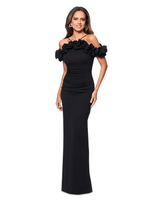 Xscape Blue Halter-strap Ruffled Gown