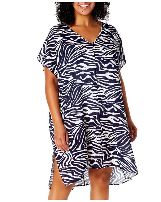 Anne Cole Blue Plus Size Zebra-print Swim Cover-up Dress