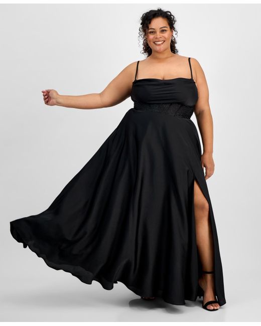 B Darlin Black Trendy Plus Size High-slit A-line Satin Gown
