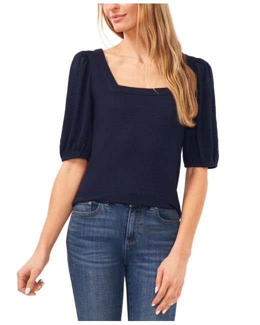 Cece Blue Short Puff Sleeve Square Neck Knit Top