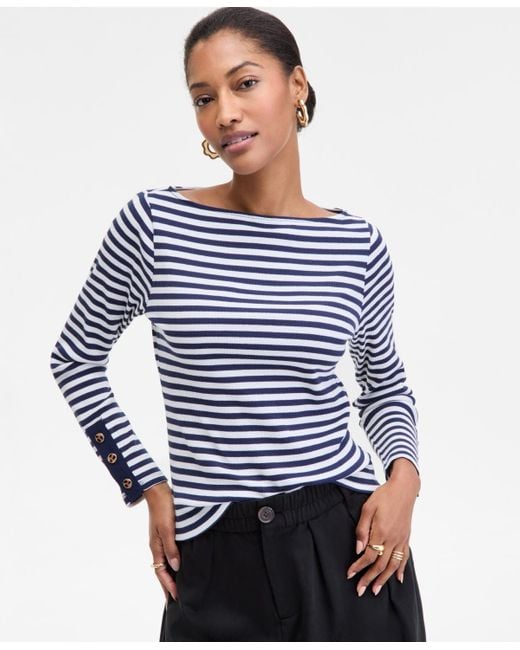 On 34th Blue Button-cuff Boatneck Top