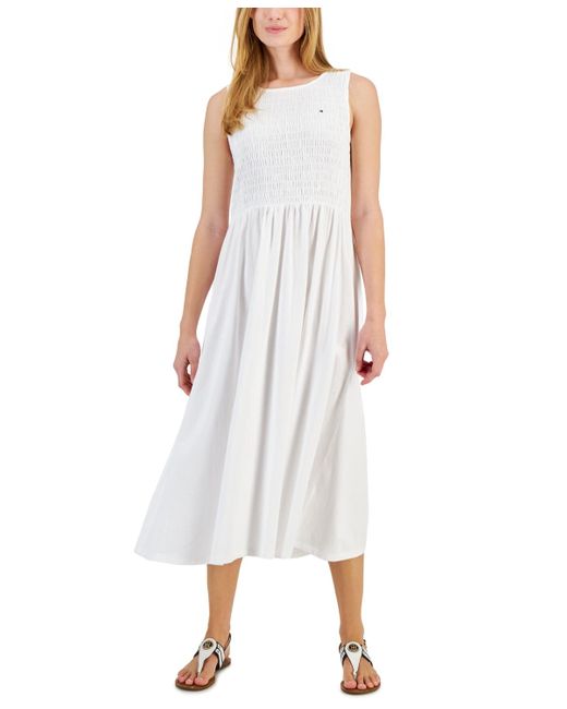 Tommy Hilfiger White Solid-color Smocked Sleeveless Dress