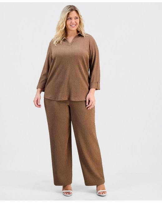 Anne Klein Essentials Brown Plus Size Collared Textured Top