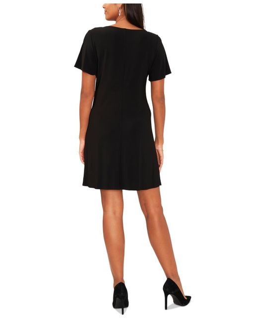 Msk Black V-neck Short-sleeve Embellished-hem Shift Dress