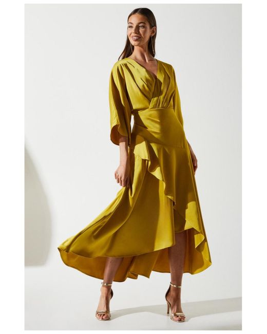 Coast Yellow Satin Back Crepe Ruffle Wrap Midi Dress