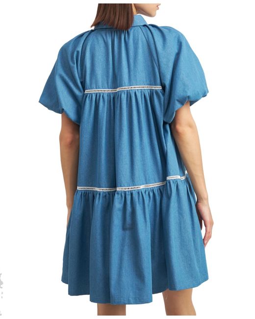 En Saison Blue Tara Puff-sleeve Babydoll Shirtdress