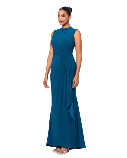 Betsy & Adam Blue Ruched Draped Gown