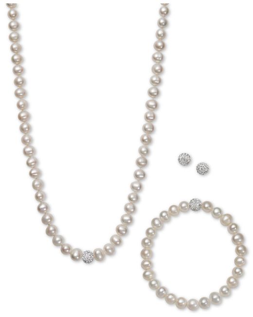 Macy's White, Gray Or Pink Cultured Freshwater Pearl (7mm) And Crystal Collar Jewelry Set