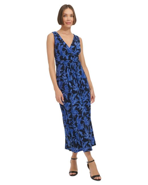 Tommy Hilfiger Blue Printed Ruched Midi Dress