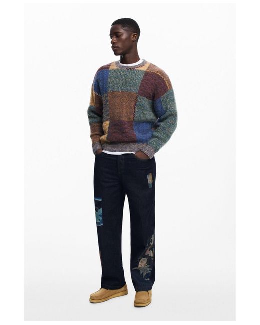 Desigual Blue Thick Patchwork Sweater for men