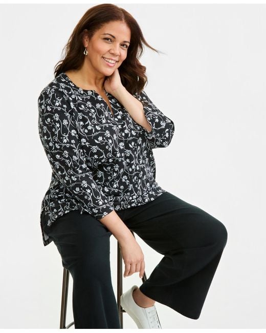 Style & Co. Black Plus Size Vine Floral Split-neck 3/4-sleeve Tunic
