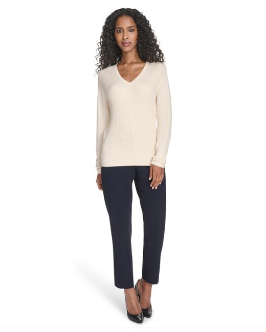 Tommy Hilfiger White V-neck Cable Sweater