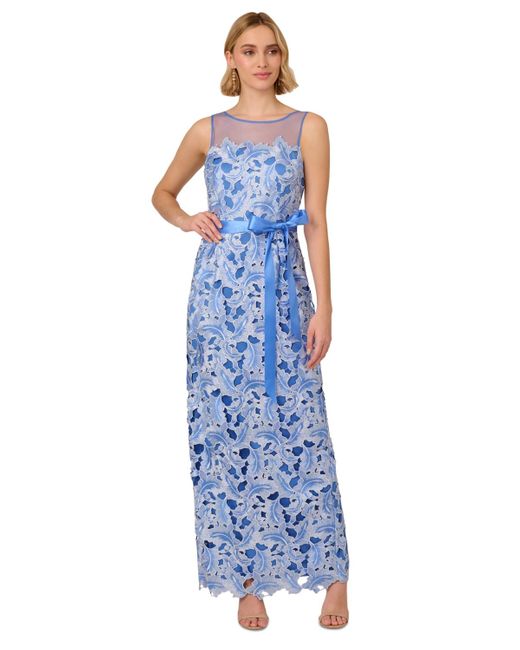Adrianna Papell Blue Round-neck Tonal Lace Dress