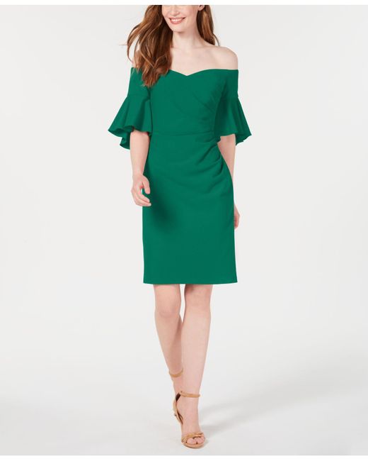 Calvin Klein Green Off-the-shoulder Ruched Sheath Dress